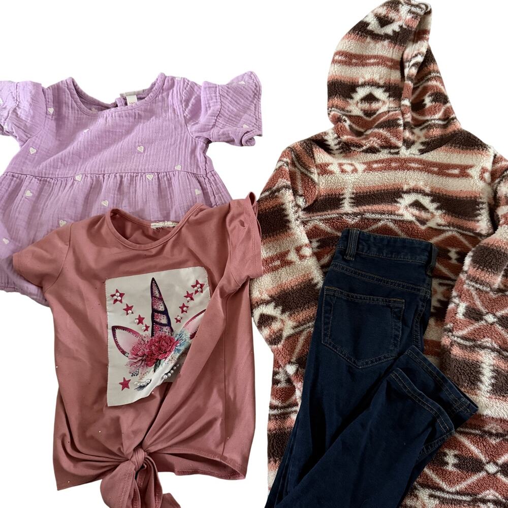 Cat & Jack Shirt Faded Glory Jeans Girls Small 6 6X Pink Unicorn Hoodie 130‎ Set
